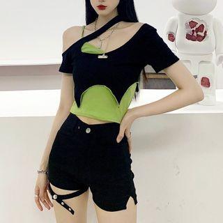 Short-sleeve Asymmetrical Crop Top / High Waist Shorts