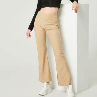 Plain High-waist Lace Trim Slit Boot-cut Pants