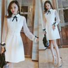 Sheer Sleeve High Waist Lace Up A-line Dress