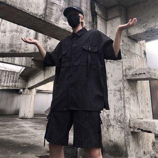 Elbow-sleeve Belted Stripe Shirt / Belted Stripe Shorts