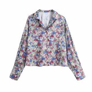 Long-sleeve Color Block Print Blouse