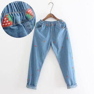 Embroidered Gather Waist Jeans