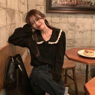Long-sleeve Collared Tie Neck Plain Blouse Black - One Size