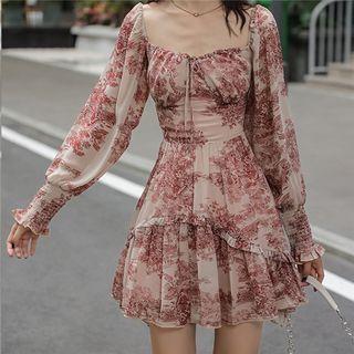 Long-sleeve Print Frill Trim Mini A-line Dress