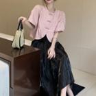 Puff-sleeve Frog-button Blouse / Midi A-line Skirt