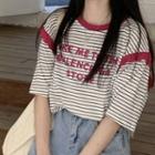 Elbow-sleeve Lettering Striped T-shirt Stripe - Blue & Red & White - One Size