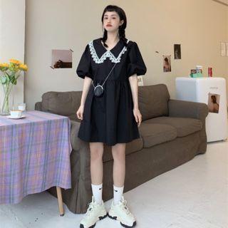 Puff-sleeve Doll Neck Lace Trim Loose Fit Dress