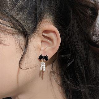 Bow Faux Pearl Asymmetrical Fringed Earring