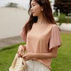 Chiffon-pleated Puff-sleeve T-shirt