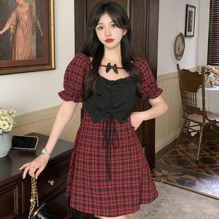 Plaid Mock Two-piece Mini A-line Dress