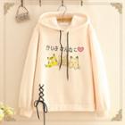 Cat Print Lace-up Fleece-lined Hoodie