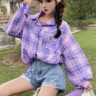 Color-block Plaid Long-sleeve Blouse / Plain Strap Top / Embroidered High-waist Denim Shorts