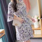 Tie-neck Bell-sleeve Floral Chiffon Dress Ivory - One Size