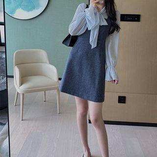 Set: Tie Neck Blouse + Strappy A-line Dress