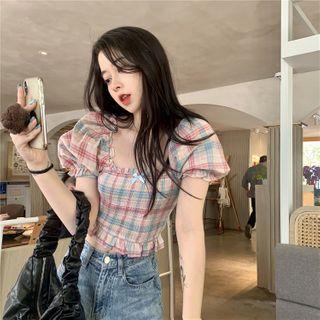 Square-neck Puff-sleeve Plaid Cropped Top Plaid - One Size