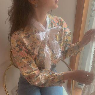 Long-sleeve Tie Neck Floral Printed Blouse As Shown In Figure - One Size