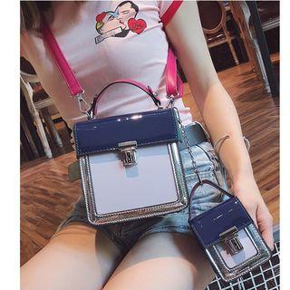 Set: Color Block Faux Leather Crossbody Bag + Pouch
