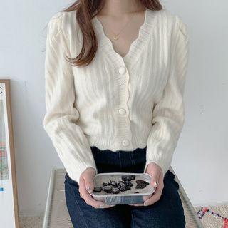 Scallop-edge Wool Blend Cropped Cardigan Light Beige - One Size