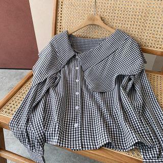 Asymmetrical Gingham Blouse Plaid - Black & White - One Size