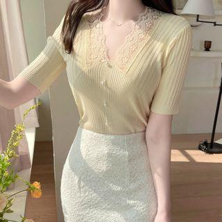 Faux-pearl Lace-trim Knit Top