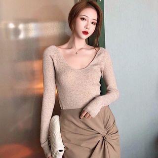 Set : Long Coat + High Waist Skirt + Knit Top