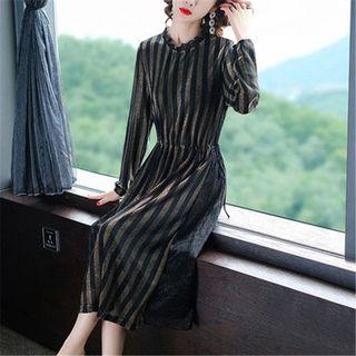 Striped Long-sleeve Velvet Dress