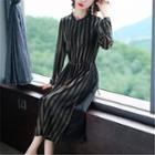 Striped Long-sleeve Velvet Dress