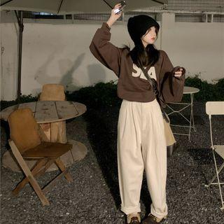 Lettering Print Sweatshirt / Corduroy Wide Leg Pants