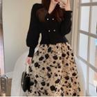 Puff-sleeve Double-breasted Sweater / Flower Print Midi A-line Skirt