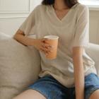 V-neck Linen Blend Knit Hoodie