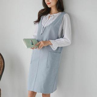 V-neck Patch-pocket Pinafore Dress
