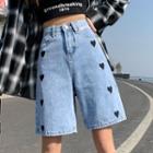High-waist Washed Embroider Straight-cut Shorts