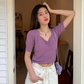 Short-sleeve Shirred Knit Crop Top