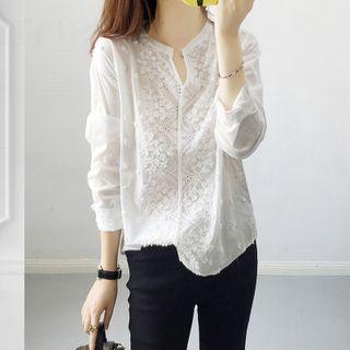 Long-sleeve Embroidered Eyelet Blouse White - One Size