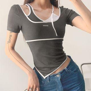 Short-sleeve Mock Two-piece Contrast Trim Top