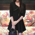 Zip Detail Elbow Sleeve A-line Dress