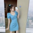Square-neck Plain Woolen Bow Mini Dress