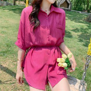 Set: Tie Waist Elbow-sleeve Shirt + Shorts