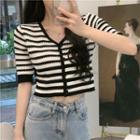 Pinstriped V Neck Short Sleeve Knitted Crop Top Black - One Size