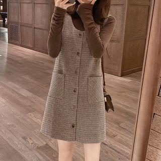 Set: Mock-neck Long-sleeve Top + Plaid Sleeveless A-line Dress