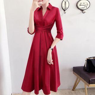 Elbow-sleeve V-neck Midi A-line Shirtdress