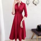 Elbow-sleeve V-neck Midi A-line Shirtdress