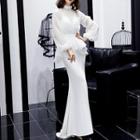 Frilled Trim Puff Sleeve Mesh Panel Mermaid Evening Gown