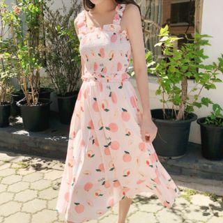 Set: Peach Print Smocked Camisole Top + A-line Skirt Peach - One Size