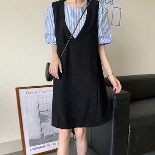 Mock Two-piece Puff-sleeve Mini A-line Dress As Shown In Figure - One Size