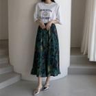 Floral-printed Long Pleated Skirt Green - One Size