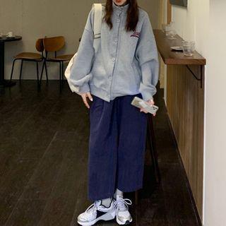Fleece-lined Lettering Print Baseball Jacket / Crop Straight Fit Jeans