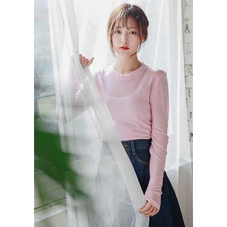 Long-sleeve Crew-neck Sheer T-shirt