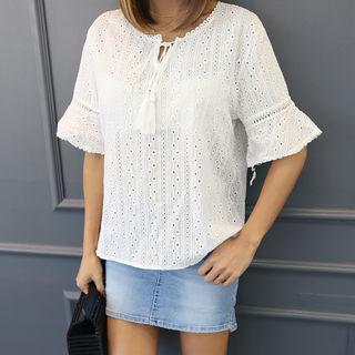 Elbow-sleeve Eyelet-lace Top