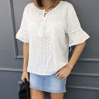 Elbow-sleeve Eyelet-lace Top
